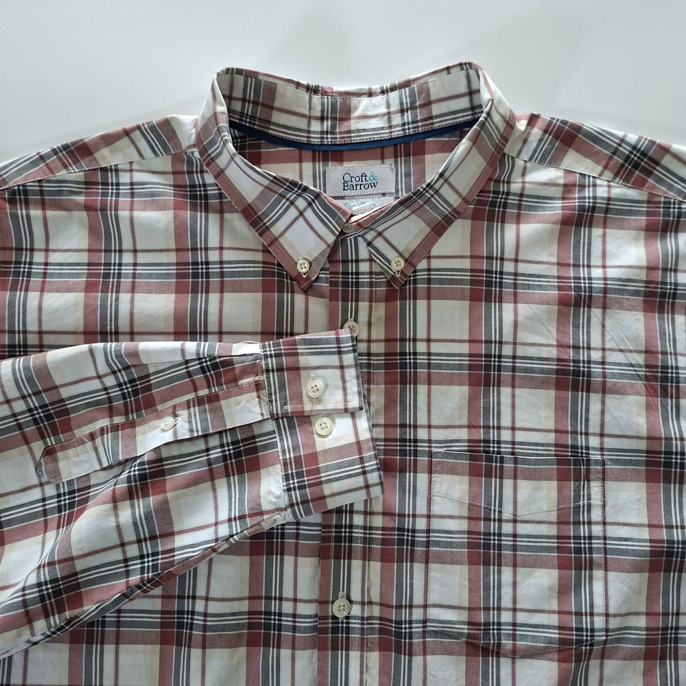 Croft &Barrow Plaid Button Down Shirt Mens 2XB Big Burgundy Tan Easy Care Cotton